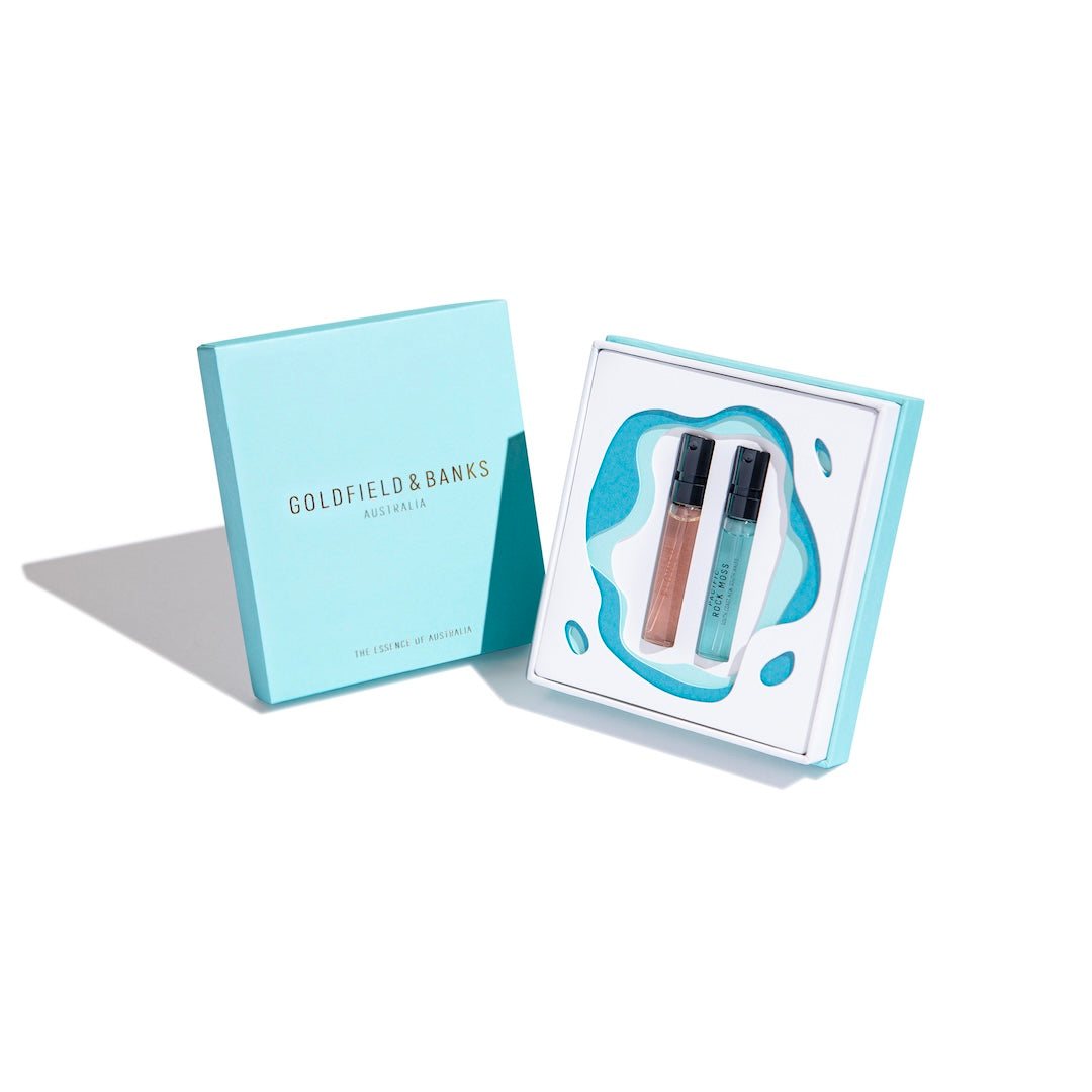 Pacific Rock Flower fragrance gift set by Goldfield & Banks with two perfume vials in blue box