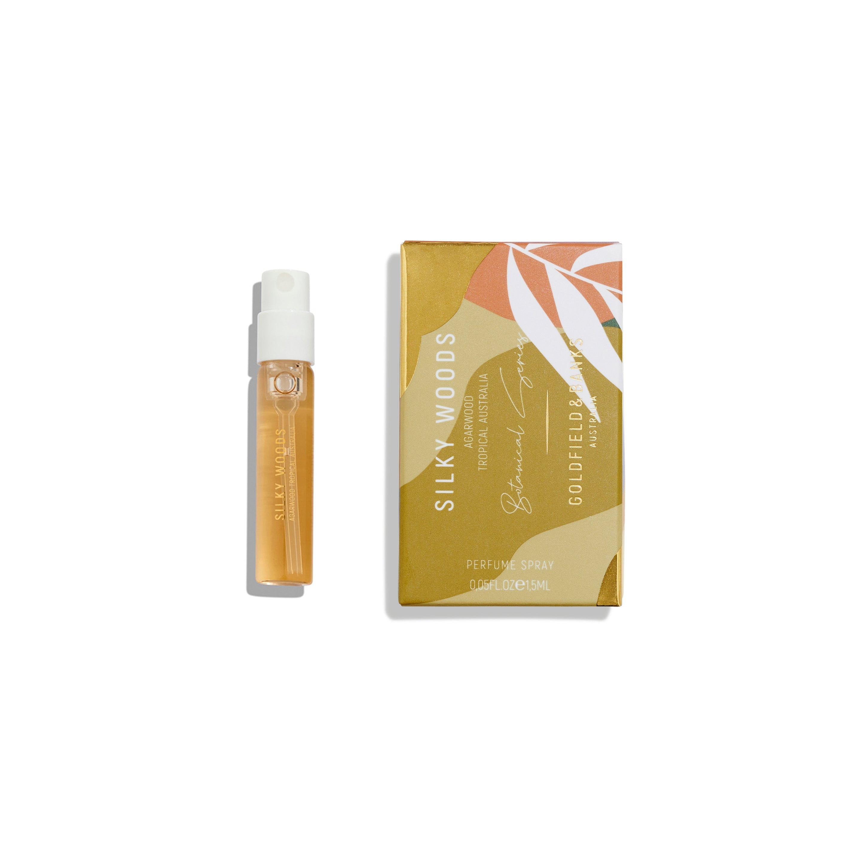 Silky Woods 2ml free sample perfume spray vial with decorative gold and peach packaging