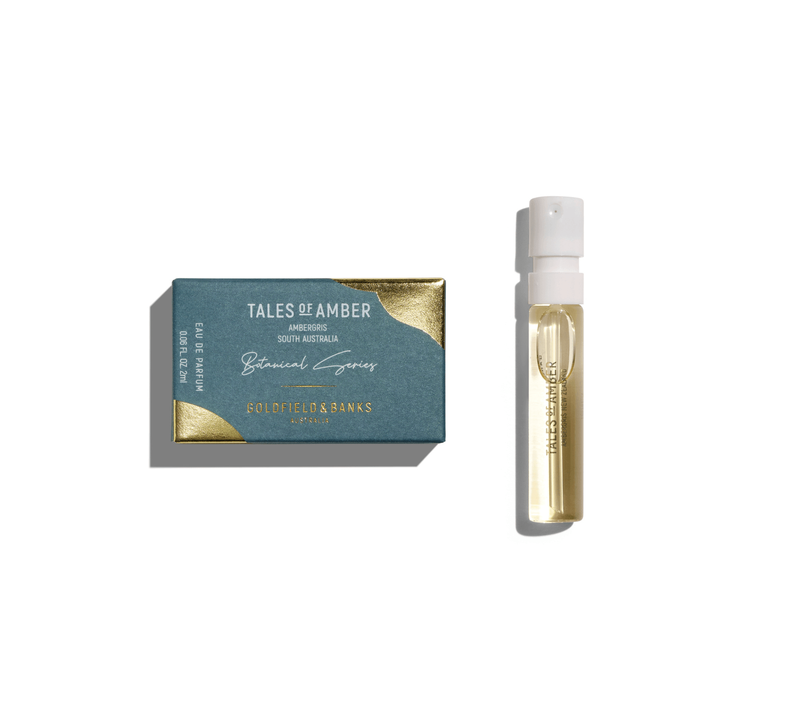 Tales of Amber perfume sample vial with blue and gold packaging on white background