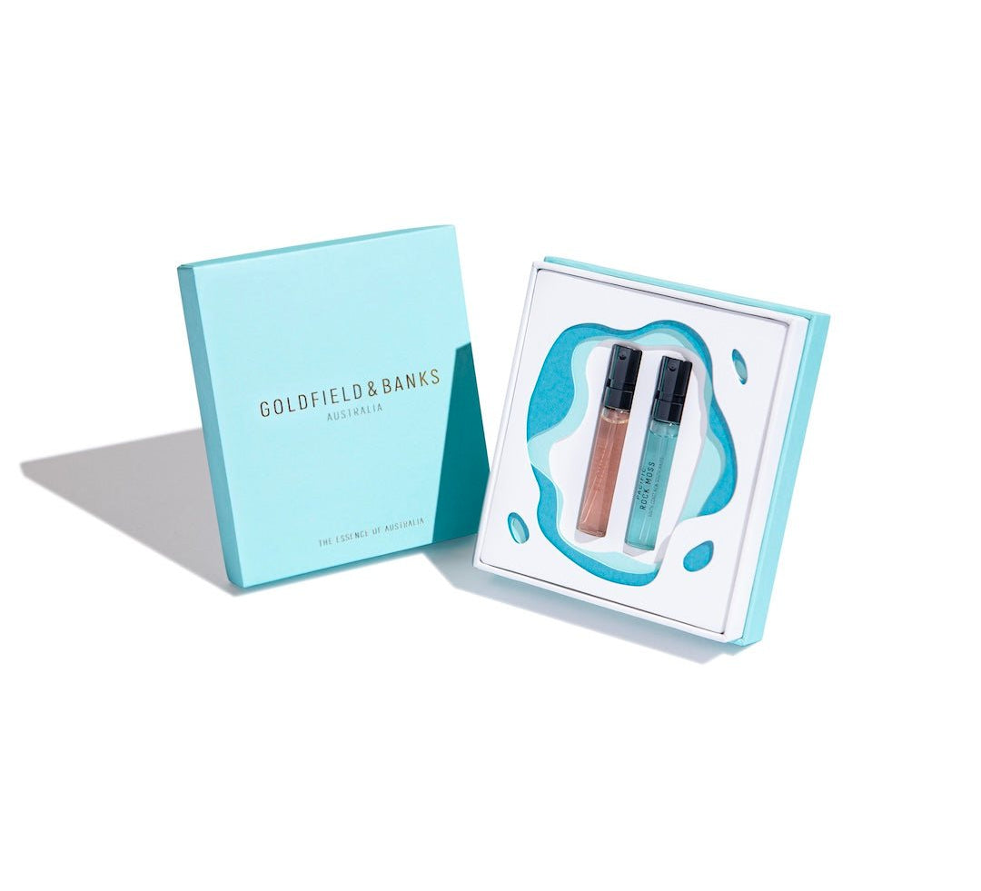 Pacific Rock Flower fragrance gift set by Goldfield & Banks with two perfume vials in blue box
