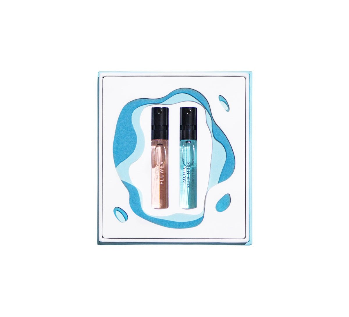 Pacific Duo Coffret with two 2ml Eau de Parfum sprays of Pacific Rock Flower and Pacific Rock Moss in a coastal-inspired gift box