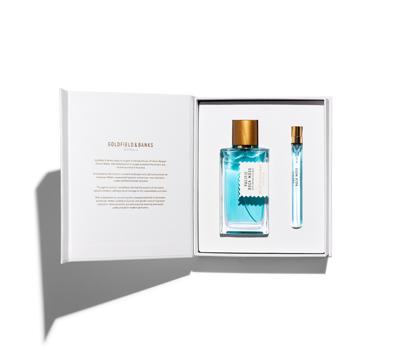 Pacific Rock Moss holiday gift set with Eau de Parfum and travel spray in embossed botanical box