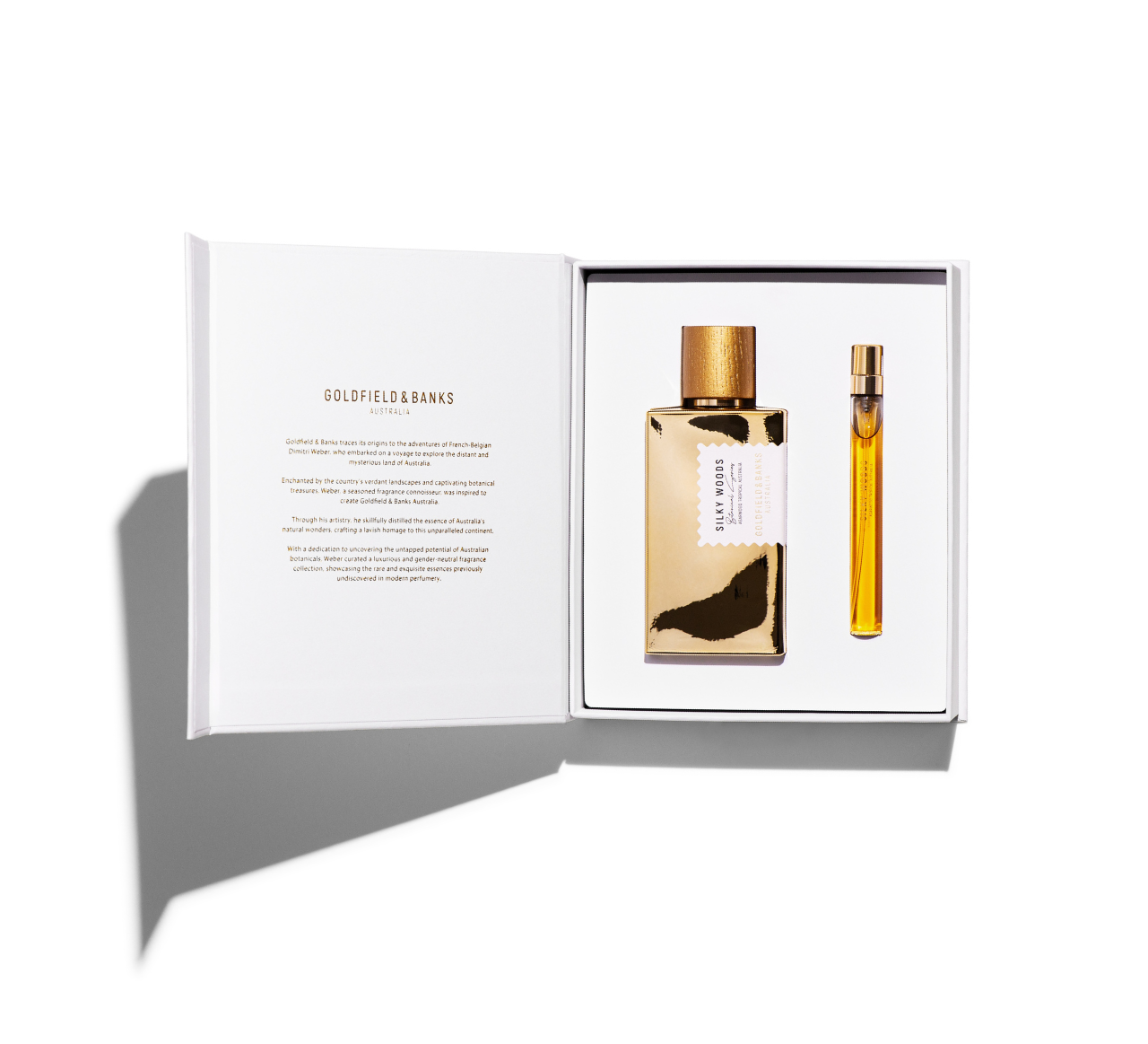 Silky Woods Holiday Gift Set with gold lacquered 100ml Eau de Parfum and 10ml travel spray in white box