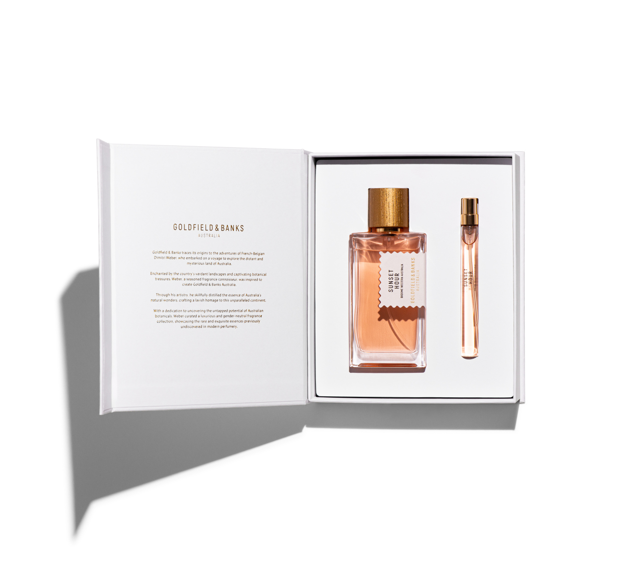 Sunset Hour Holiday Gift Set with 100ml Eau de Parfum and 10ml travel spray in white embossed box