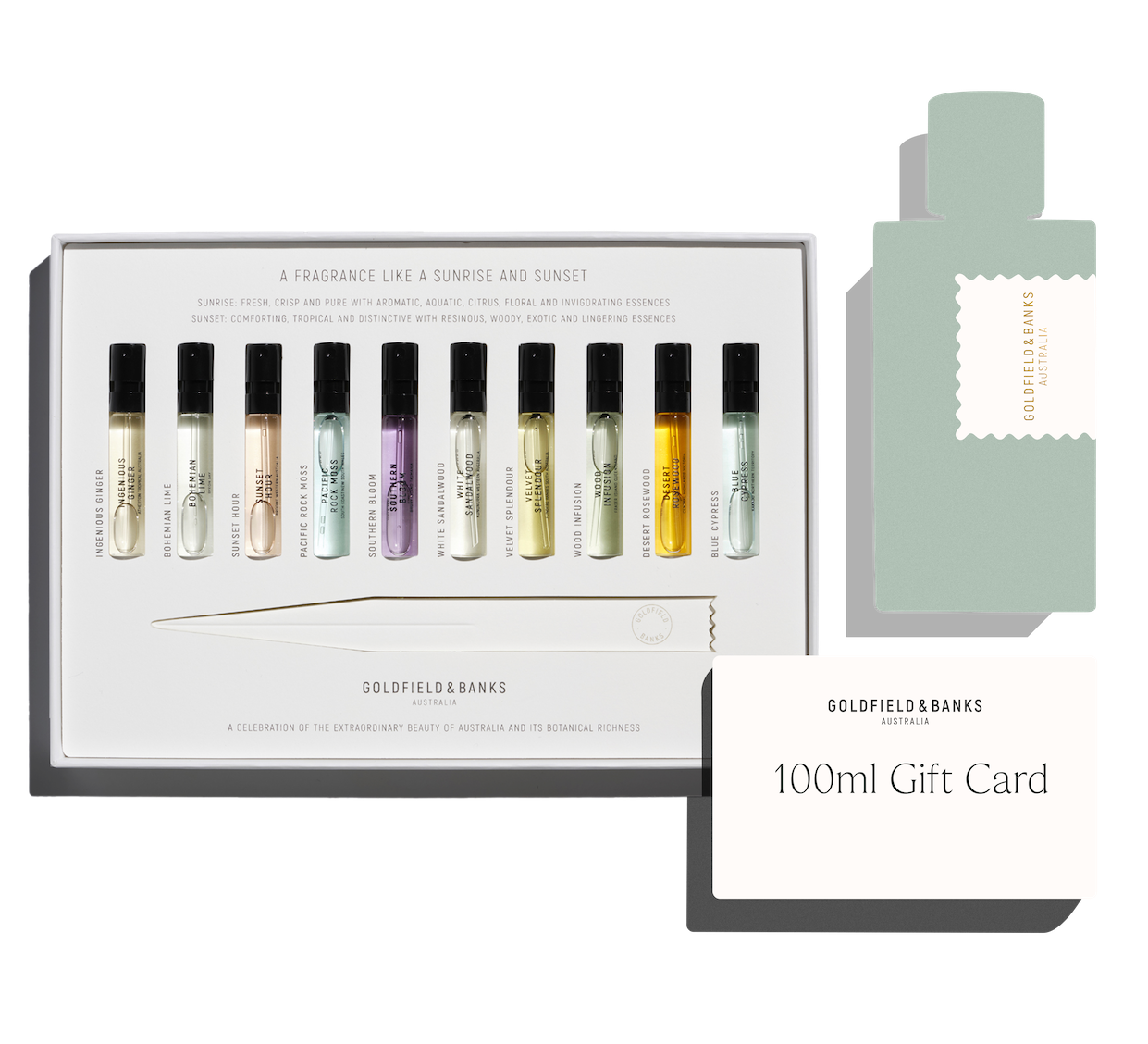 Goldfield & Banks Native Discovery Set with 10x2ml fragrance samples and 100ml gift card for luxury Australian perfumes