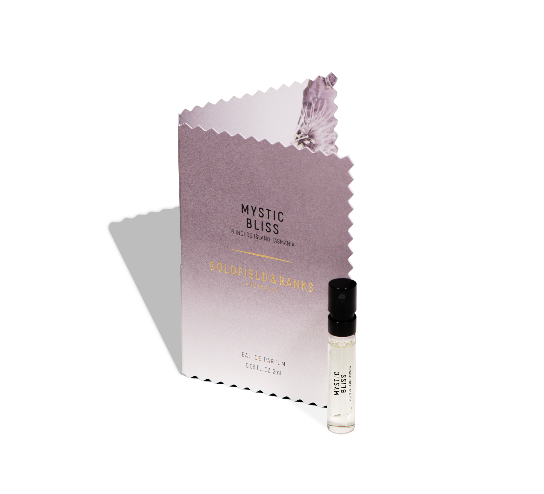 Mystic Bliss 2ml sample perfume vial with purple gradient card packaging