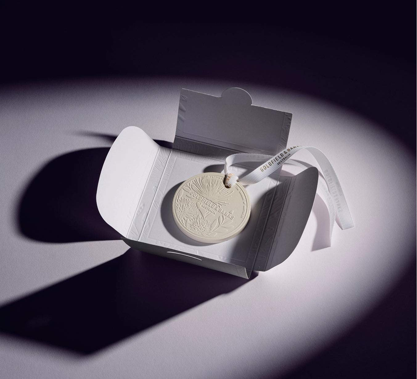 Mystic Bliss scented ceramic air freshener in white box with ribbon