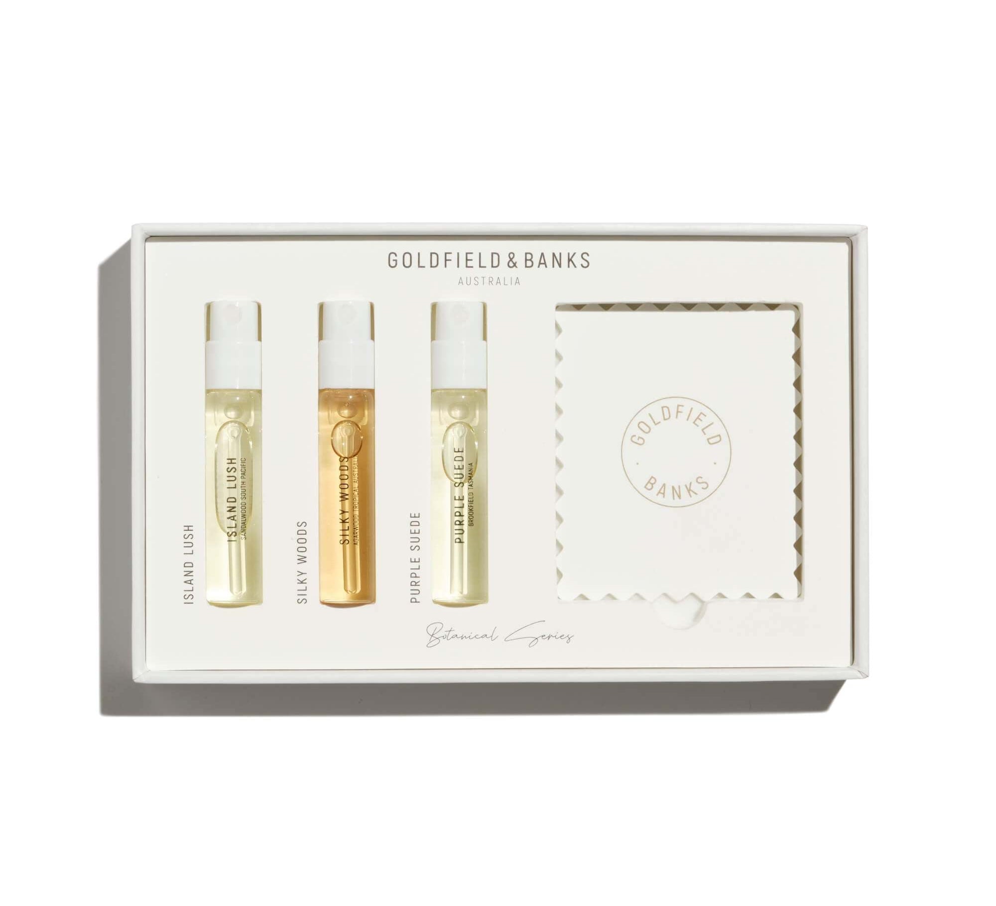 Goldfield & Banks Botanical Series Luxury Sample Collection with three 2ml perfume sprays and booklet in white box